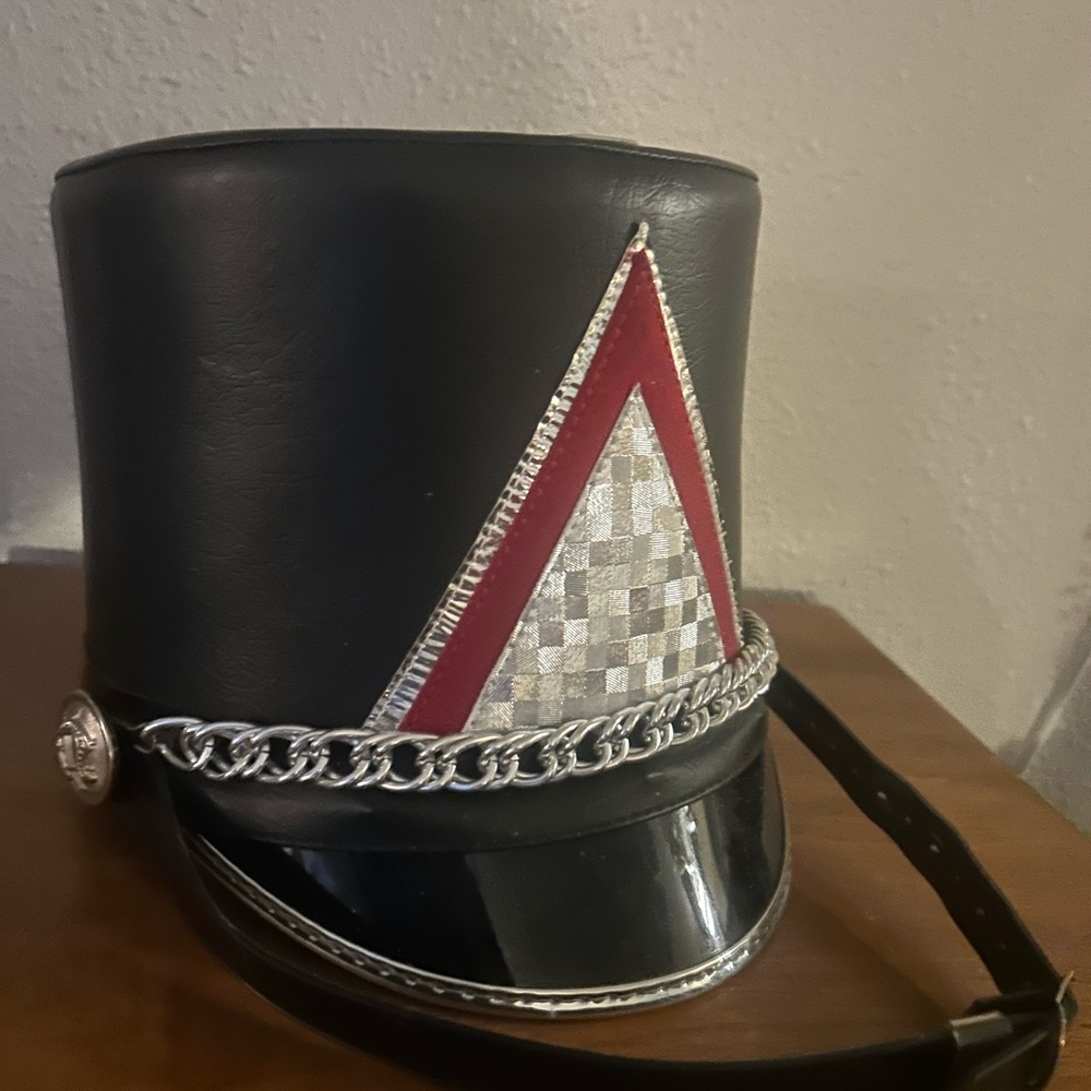 Vintage Black Marching Band Hat with Red and Silver Handmade Reflective Accents